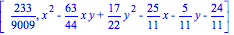 [233/9009, x^2-63/44*x*y+17/22*y^2-25/11*x-5/11*y-24/11]
